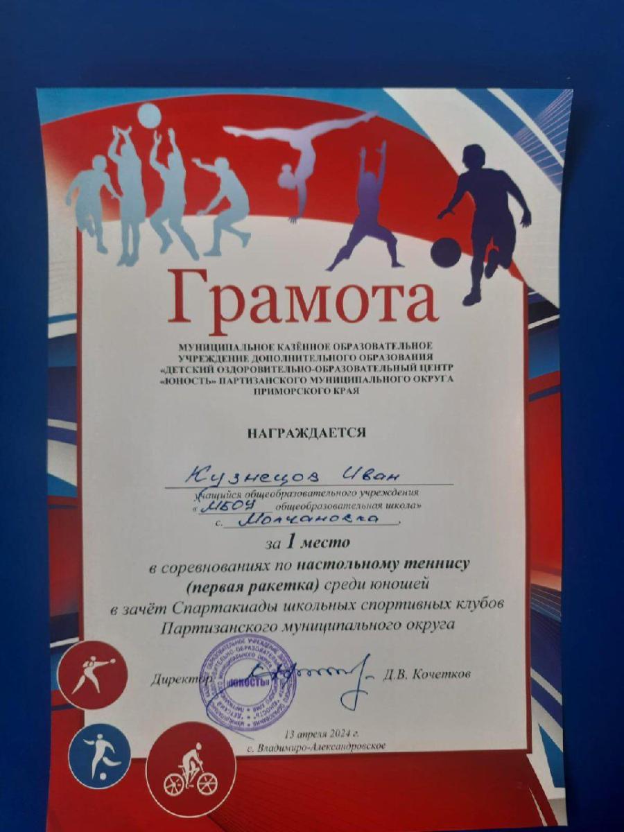 1 место в соревнованиях по настольному теннису. Спартакиада школьных спортивных клубов.